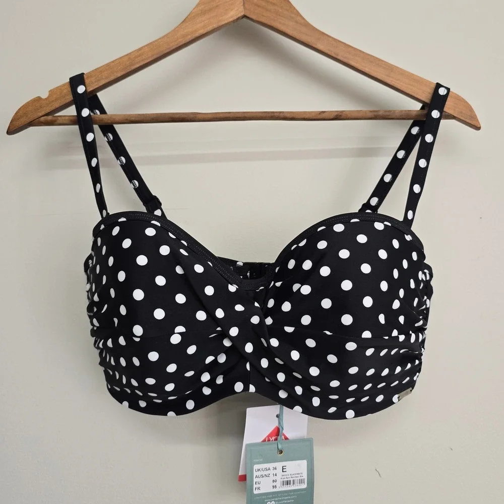 Panache Anya Spot Bandeau Bikini Top Womens 36E Black Polka Dot Retro Swimwear - Picture 1 of 13